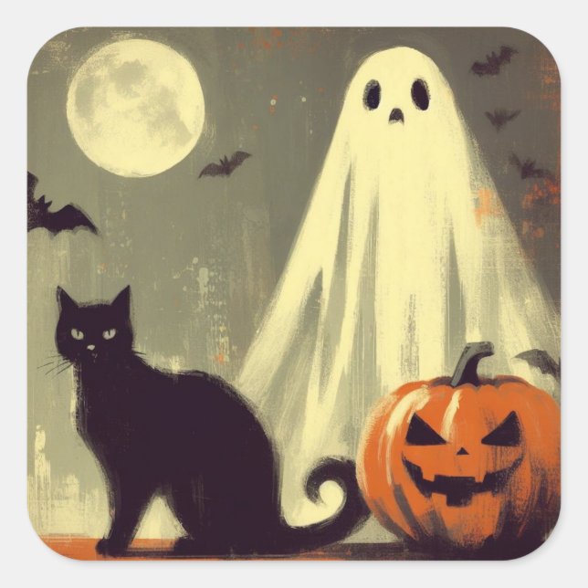 Sticker Carré Fantôme d'Halloween, chat noir et Jack-o'lanterne (Devant)