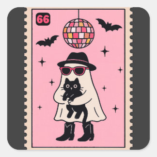 Sticker Carré Fantôme Disco Rétro avec Stand Halloween Chat Noir