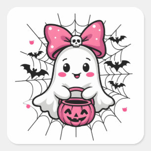 Sticker Carré Fantôme éffrayant avec Pink Bow Sensibilisation au