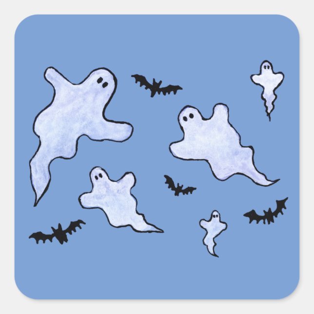 Sticker Carré Fantômes et chauves-souris Halloween (Devant)