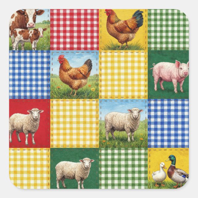 Sticker Carré Farm Animals and Gingham Patchwork Quilt (Devant)