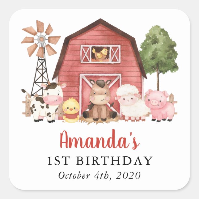 Sticker Carré Farm Animals, Cute Animals, Barn, First Birthday (Devant)
