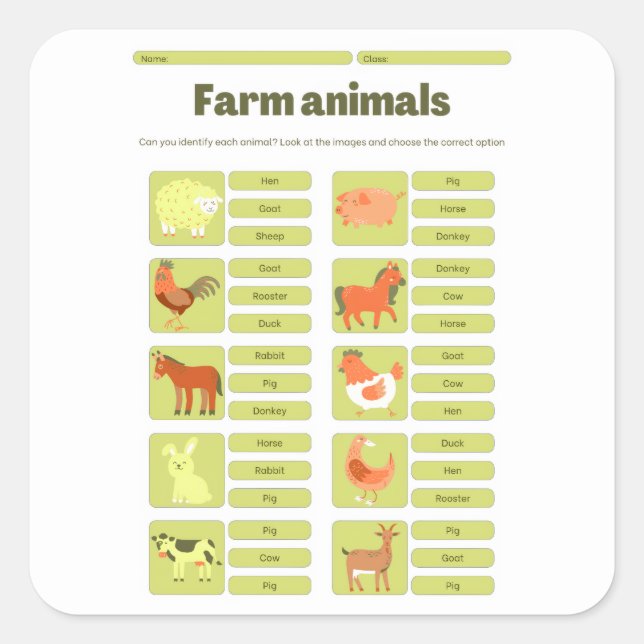 Sticker Carré Farm Animals Identification Educational Worksheet (Devant)