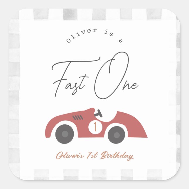 Sticker Carré Fast One Red Race Car Boy 1st Birthday (Devant)