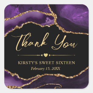 Sticker Carré Faux agate violet et or scintillant Sweet Sixteen