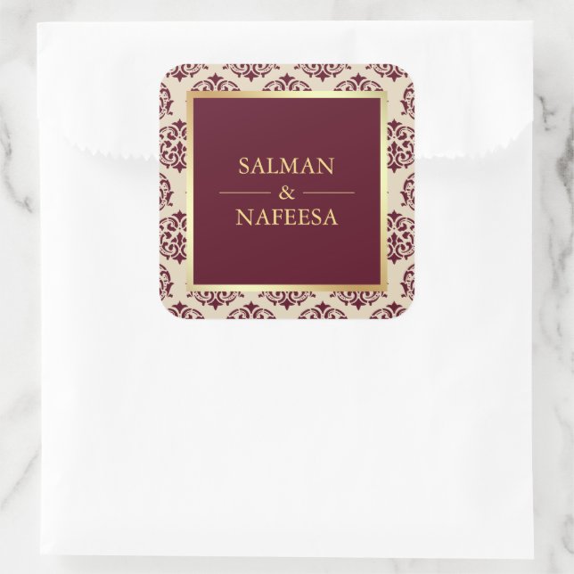 Sticker Carré Faux Gold Foil Bourgogne Mariage damassé (Sac)