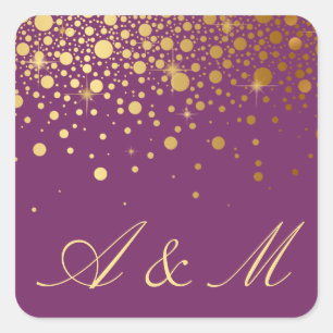Sticker Carré Faux Gold Foil Confetti Dots Violet Monogramme