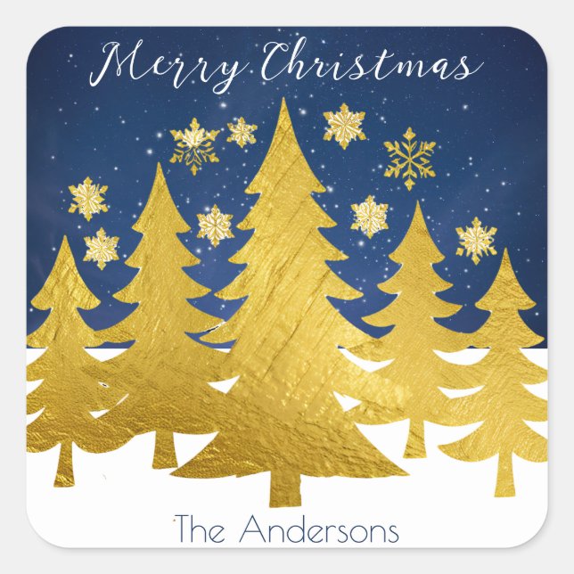 Sticker Carré Faux Gold Noël Arbres en hiver Festive de neige (Devant)