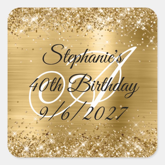 Sticker Carré Faux Gold Parties scintillant et Foil 40e annivers (Devant)