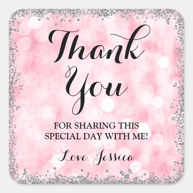 Sticker Carré Faux Parties scintillant rose argent Merci (Devant)