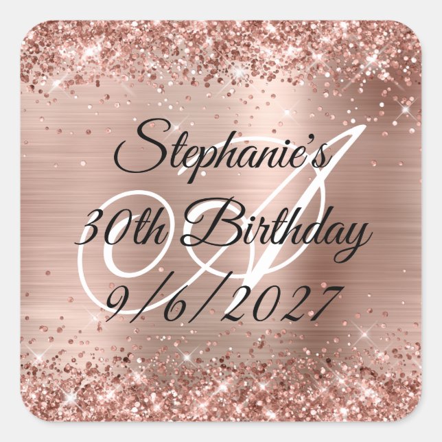 Sticker Carré Faux Rose Gold Parties scintillant et Foil 30e ann (Devant)