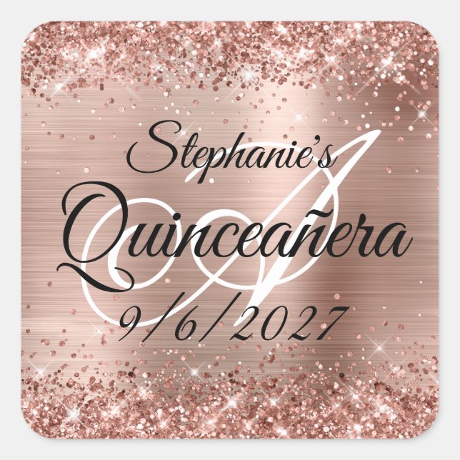 Sticker Carré Faux Rose Gold Parties scintillant et Foil Quincea (Devant)