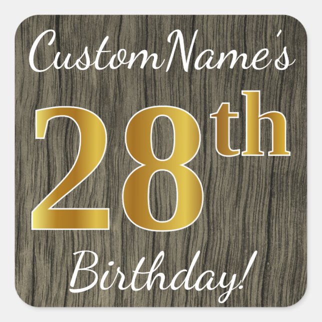 Sticker Carré Faux Wood, Faux Gold 28e anniversaire + Nom person (Devant)