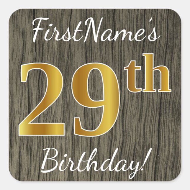 Sticker Carré Faux Wood, Faux Gold 29e anniversaire + Nom person (Devant)