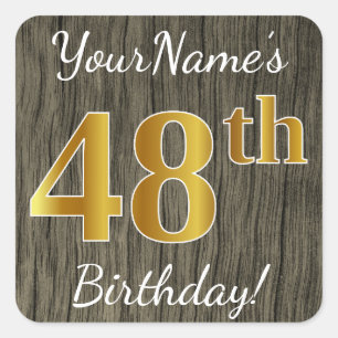 Sticker Carré Faux Wood, Faux Gold 48e anniversaire + Nom person