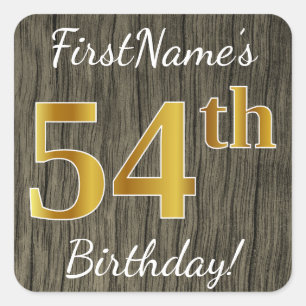 Sticker Carré Faux Wood, Faux Gold 54e anniversaire + Nom person