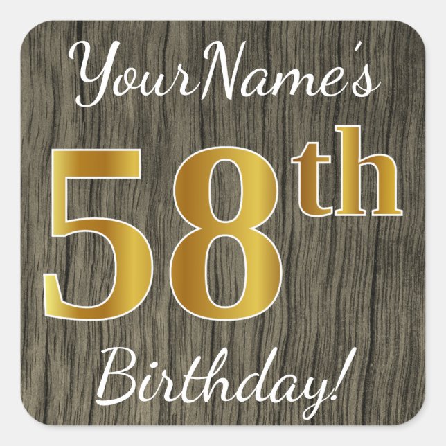 Sticker Carré Faux Wood, Faux Gold 58e anniversaire + Nom person (Devant)