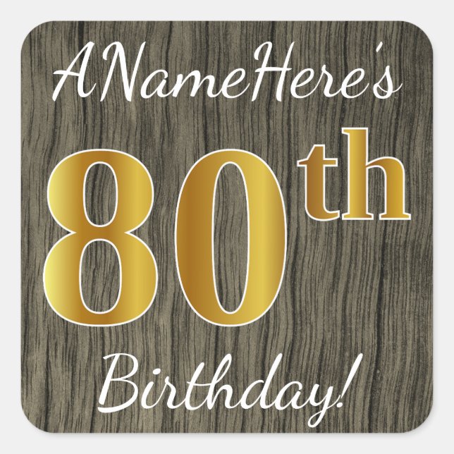 Sticker Carré Faux Wood, Faux Gold 80e anniversaire + Nom person (Devant)