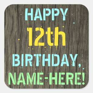 Sticker Carré Faux Wood, Peint Texte Look, 12e anniversaire + No