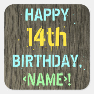 Sticker Carré Faux Wood, Peint Texte Look, 14e anniversaire + No