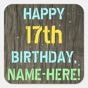 Sticker Carré Faux Wood, Peint Texte Look, 17e anniversaire + No