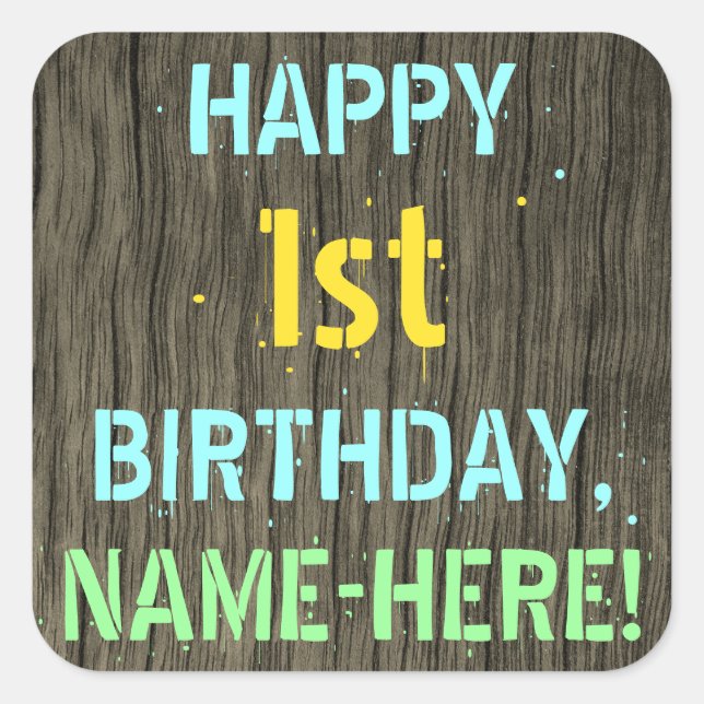 Sticker Carré Faux Wood, Peint Texte Look, 1er Anniversaire + No (Devant)