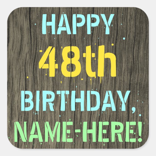 Sticker Carré Faux Wood, Peint Texte Look, 48e anniversaire + No (Devant)