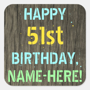Sticker Carré Faux Wood, Peint Texte Look, 51e anniversaire + No