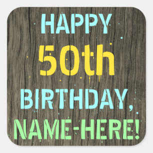 Sticker Carré Faux Wood, Peinture de texte, 50e anniversaire + N