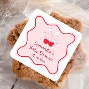 Sticker Carré Faveur de Baby Shower Cerise Sur Le Gâteau