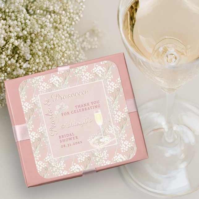 Sticker Carré Faveur de Baby Shower de Perles & Prosecco de Gyps (Créateur téléchargé)
