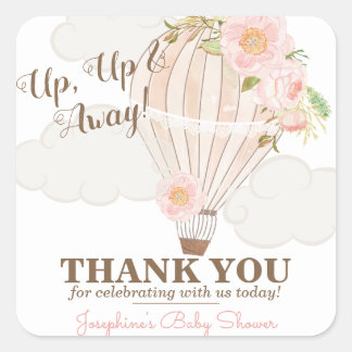 Sticker Carré Faveur de Baby Shower Fille Montgolfière Rose Past