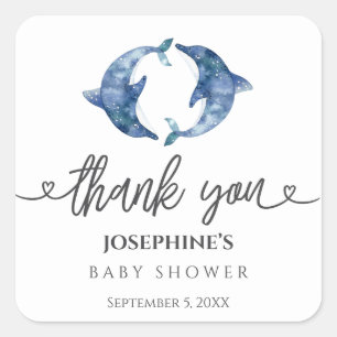 Sticker Carré Faveur de Baby Shower Jumeaux Dauphins Vie Marine