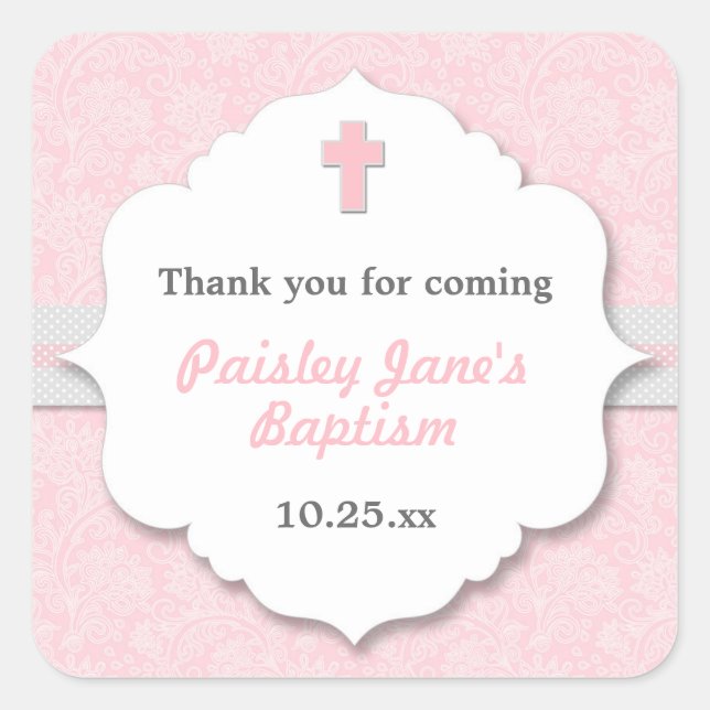 Sticker Carré Faveur rose de baptême de baptême de fille de (Devant)