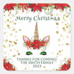 Sticker Carré Faveurs de fête licorne Poinsettia de Noël en vert