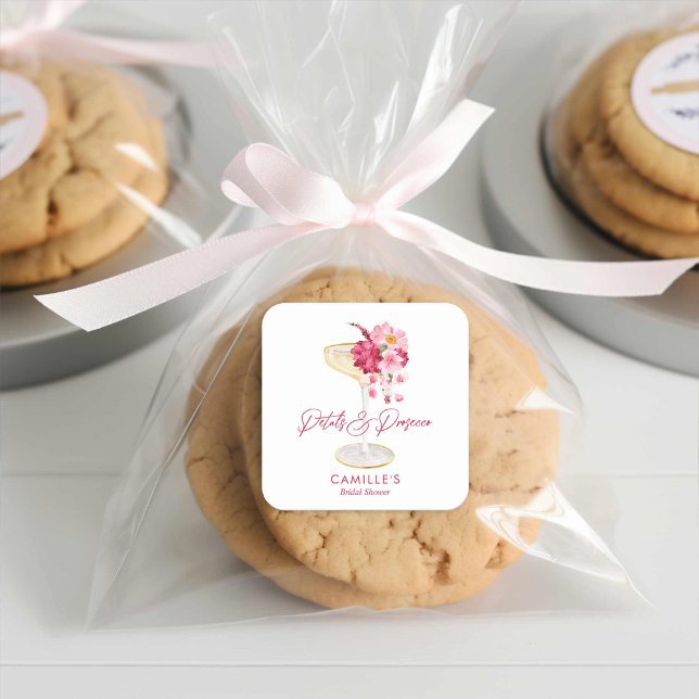 Sticker Carré Faveurs de mariage floral Pétale et Prosecco (Champagne Pink Floral Bridal Shower Favor Stickers)