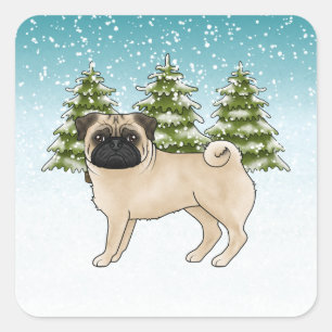 Sticker Carré Fawn Carlin joli dessin Chien Snowy Forêt d'hiver