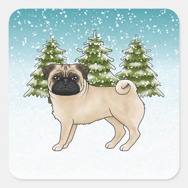 Sticker Carré Fawn Carlin joli dessin Chien Snowy Forêt d'hiver (Devant)