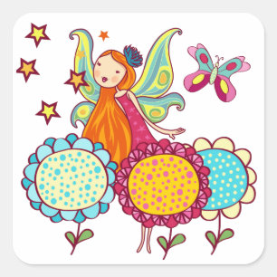 Sticker Carré Fée De Jardin Avec Fleurs
