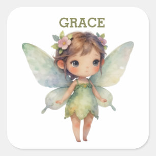 Sticker Carré Fée de la forêt enchantée : lutin vert pastel