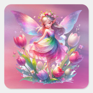 Sticker Carré Fée de Tulipe Rose Hot Princess Girls