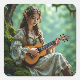 Sticker Carré Fée Elfe Enchantée Jouant du Ukulele