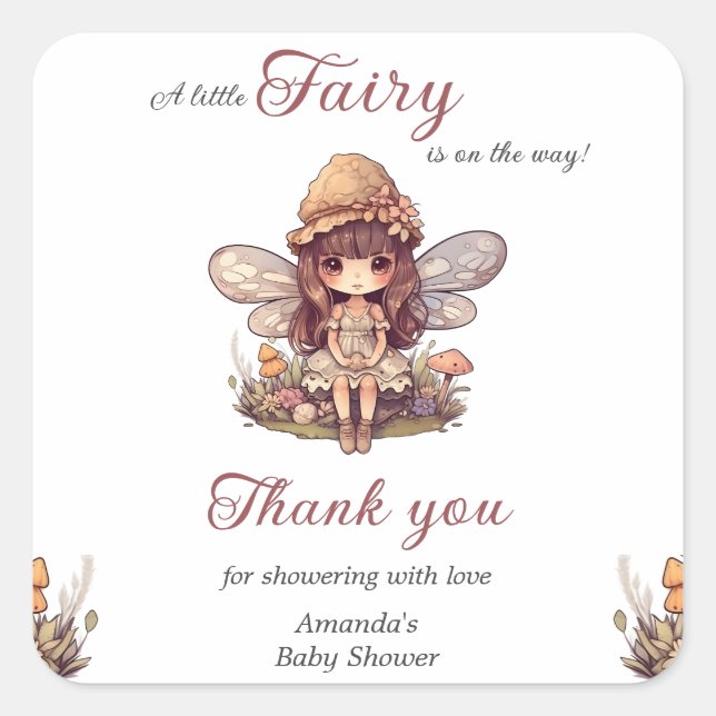 Sticker Carré Fée enchantée avec champignons Baby shower fille (Devant)