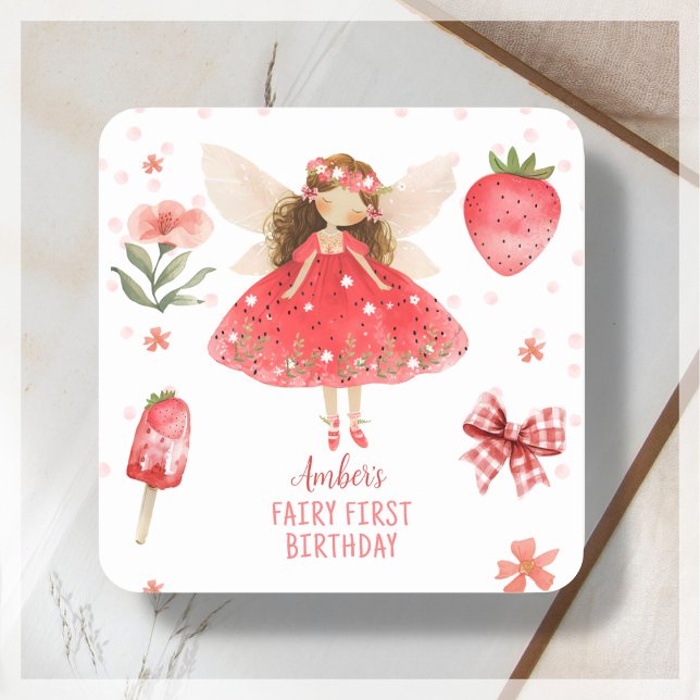 Sticker Carré Fée Première fraise Fée Fée Anniversaire Favoriser (Créateur téléchargé)