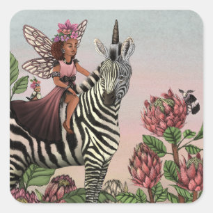 Sticker Carré Fée rose mignonne sur Zebra Unicorn Floral Art