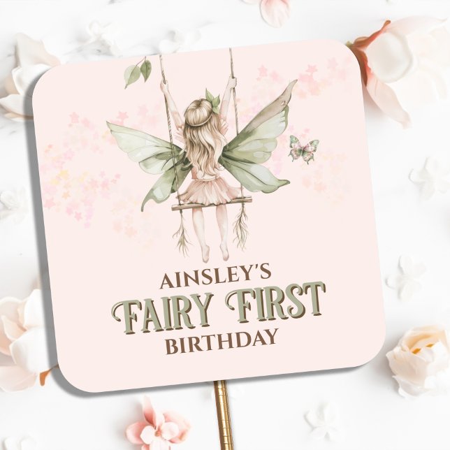 Sticker Carré Fée rose personnalisée 1er anniversaire (Créateur téléchargé)