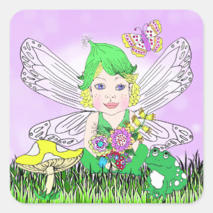Sticker Carré Fée Whimsical Little Elf, champignons et papillon