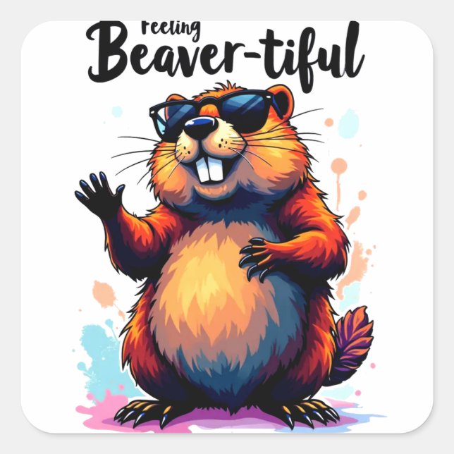 Sticker Carré Feeling Beaver-tiful - Funny Beaver Graphic (Devant)