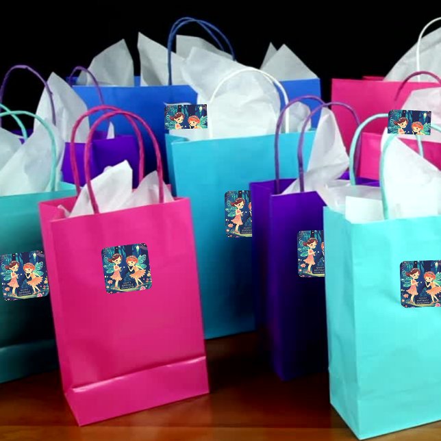 Sticker Carré Fées Jouant Dans La Forêt Enchantée Anniversaire (Party Bags)