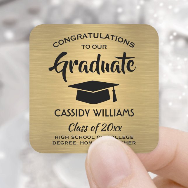 Sticker Carré Félicitations Brossé Gold Faux Foil Graduation (Créateur téléchargé)